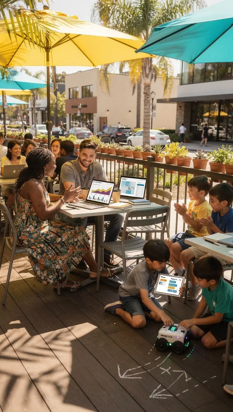 Community members collaborating on a small-scale solar panel installation project in a residential neighborhood in California.