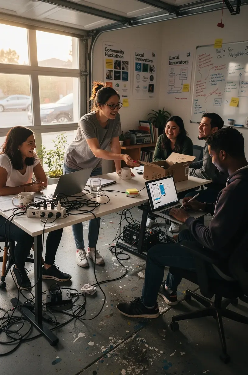 Modern community members collaborating on a neighborhood tech project in an urban California setting