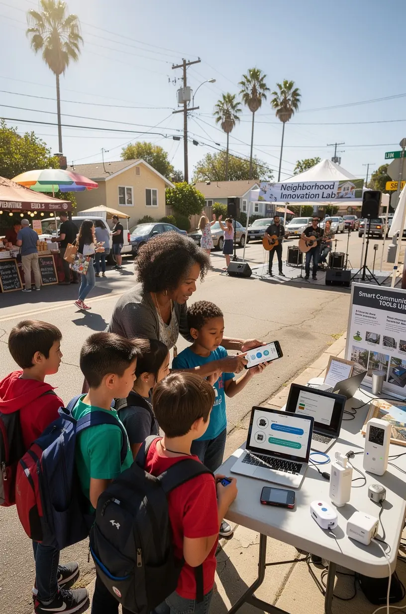 A public park equipped with smart sensors monitoring environmental conditions for community benefit
